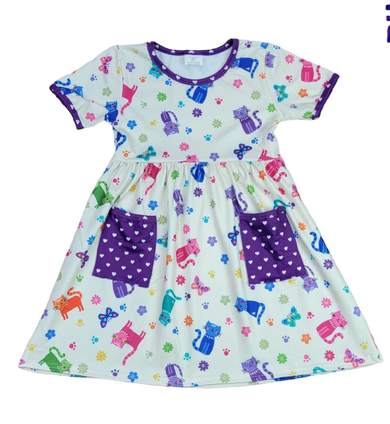 Cute Kitties Pocket Milk Silk Dress - Great Lakes Kids Apparel LLC